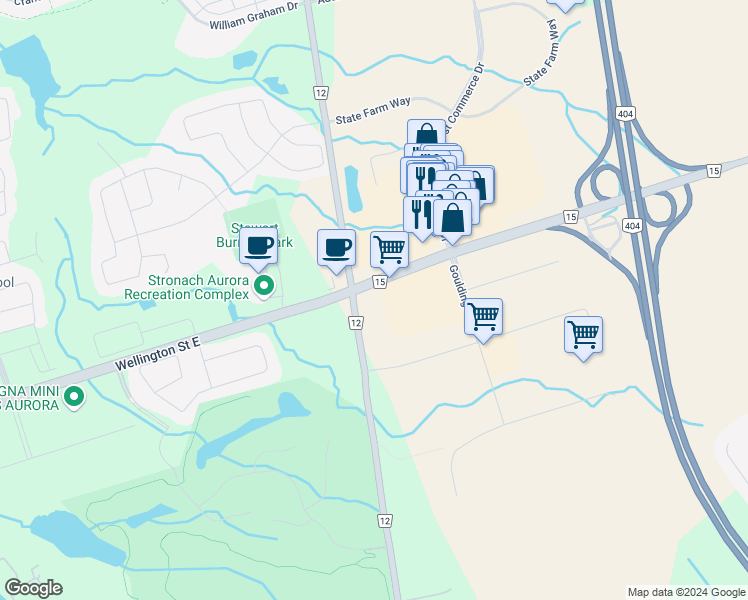 map of restaurants, bars, coffee shops, grocery stores, and more near 1501 Wellington Street East in Aurora