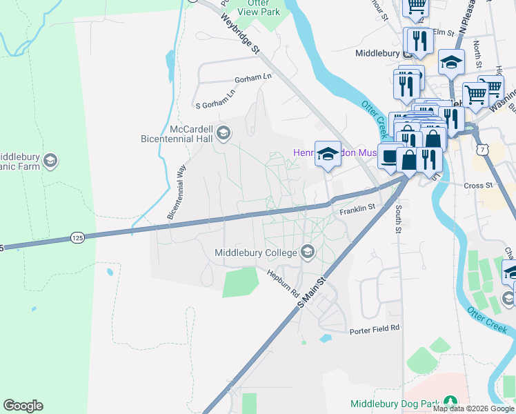 map of restaurants, bars, coffee shops, grocery stores, and more near 496 College Street in Middlebury