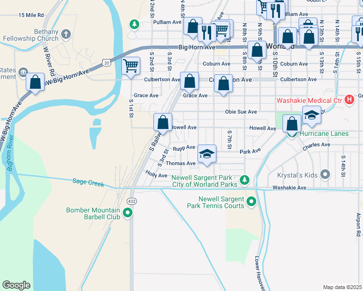 map of restaurants, bars, coffee shops, grocery stores, and more near 709 South 4th Street in Worland