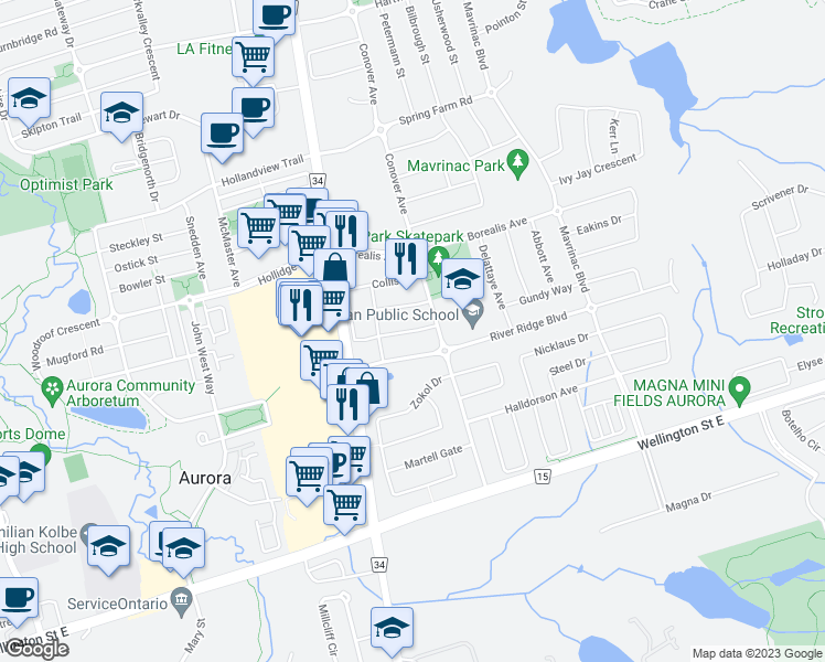 map of restaurants, bars, coffee shops, grocery stores, and more near Cottinghill Way in Aurora