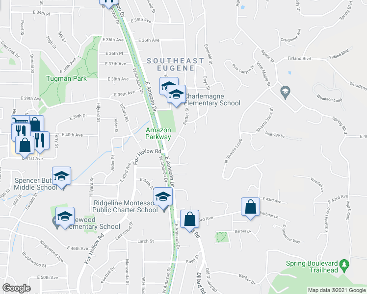 map of restaurants, bars, coffee shops, grocery stores, and more near 4001 Potter Street in Eugene