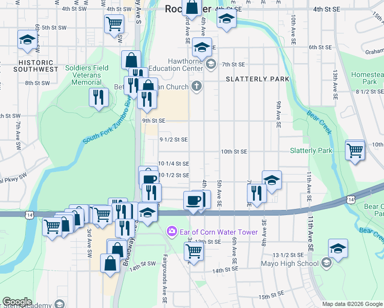 map of restaurants, bars, coffee shops, grocery stores, and more near 1024 3rd Avenue Southeast in Rochester