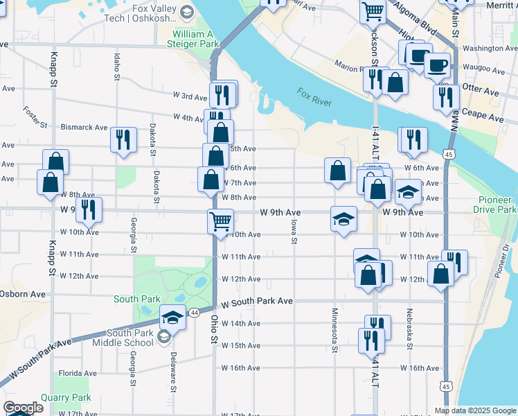 map of restaurants, bars, coffee shops, grocery stores, and more near 441 West 9th Avenue in Oshkosh