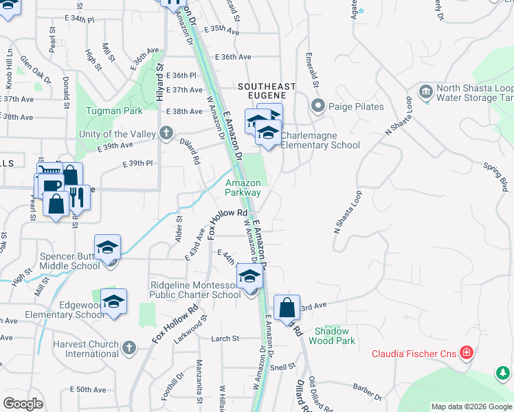 map of restaurants, bars, coffee shops, grocery stores, and more near 3990 Potter Street in Eugene