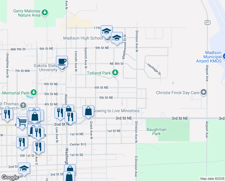 map of restaurants, bars, coffee shops, grocery stores, and more near 607 North Roosevelt Avenue in Madison