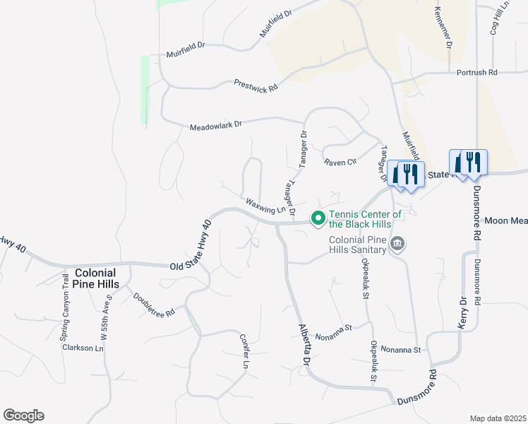 map of restaurants, bars, coffee shops, grocery stores, and more near 5131 Waxwing Lane in Rapid City