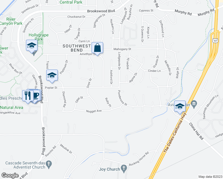 map of restaurants, bars, coffee shops, grocery stores, and more near 19799 Poplar Street in Bend