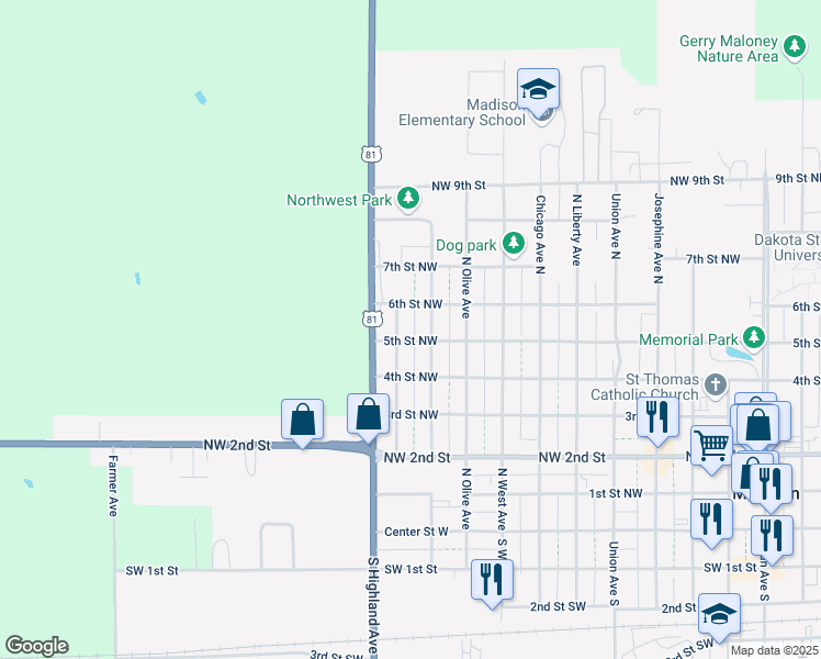 map of restaurants, bars, coffee shops, grocery stores, and more near 524 Kansas Avenue North in Madison