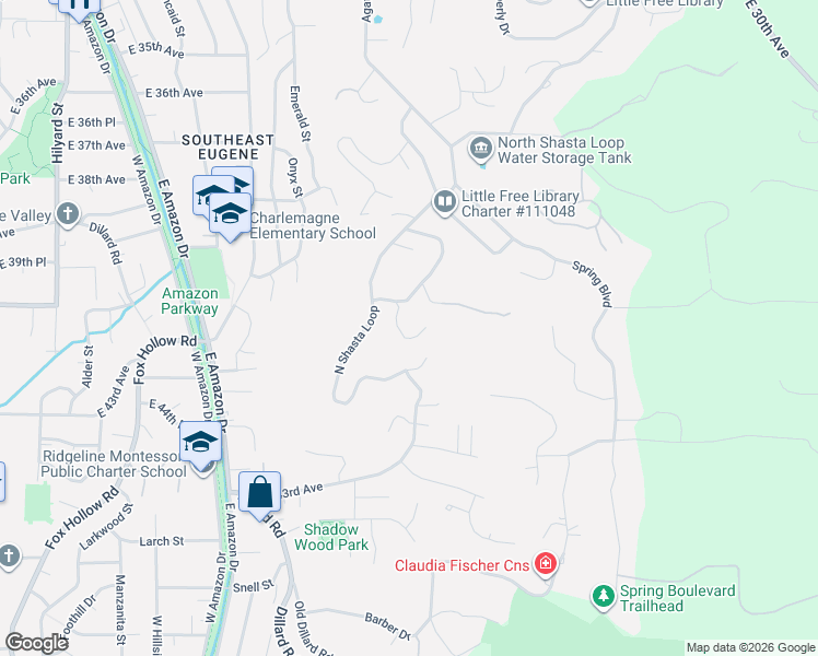 map of restaurants, bars, coffee shops, grocery stores, and more near 1731 Estate Drive in Eugene