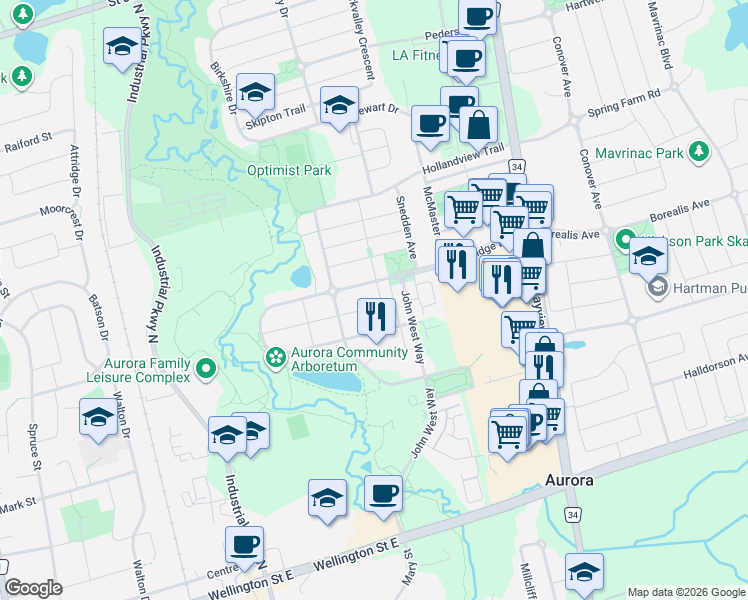 map of restaurants, bars, coffee shops, grocery stores, and more near 118 Mugford Road in Aurora
