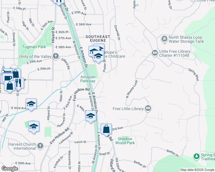 map of restaurants, bars, coffee shops, grocery stores, and more near 1196 East 41st Avenue in Eugene