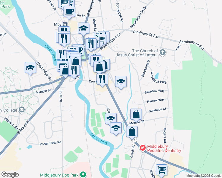map of restaurants, bars, coffee shops, grocery stores, and more near 53 Court Street in Middlebury