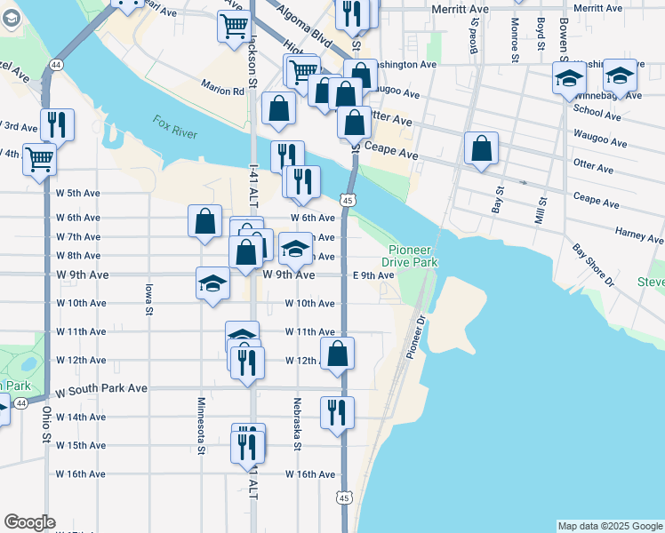 map of restaurants, bars, coffee shops, grocery stores, and more near 17A West 9th Avenue in Oshkosh