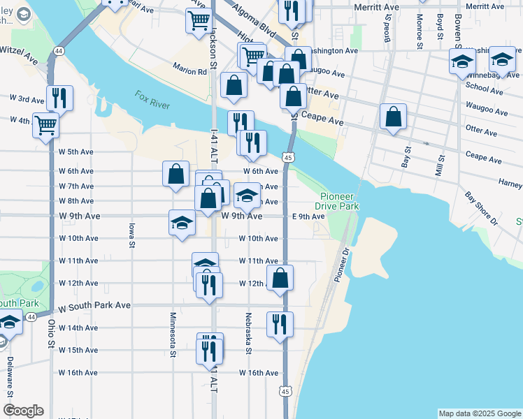 map of restaurants, bars, coffee shops, grocery stores, and more near 17A West 9th Avenue in Oshkosh