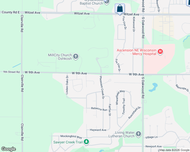map of restaurants, bars, coffee shops, grocery stores, and more near 3140 Bailey Court in Oshkosh