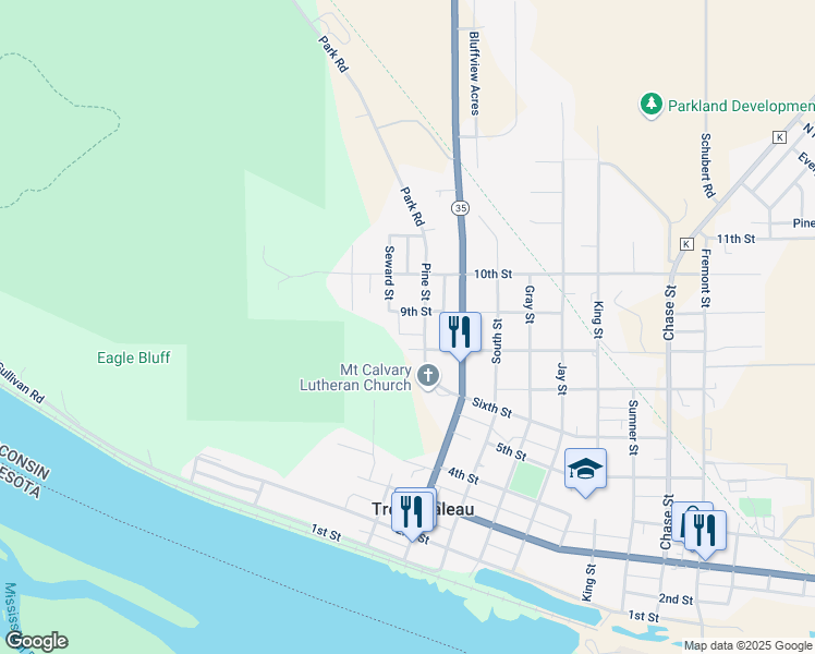 map of restaurants, bars, coffee shops, grocery stores, and more near 24630 8th Street in Trempealeau