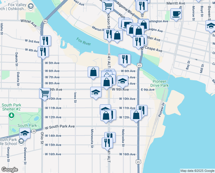 map of restaurants, bars, coffee shops, grocery stores, and more near 922 Oregon Street in Oshkosh