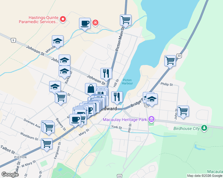 map of restaurants, bars, coffee shops, grocery stores, and more near 342 Main Street East in Prince Edward