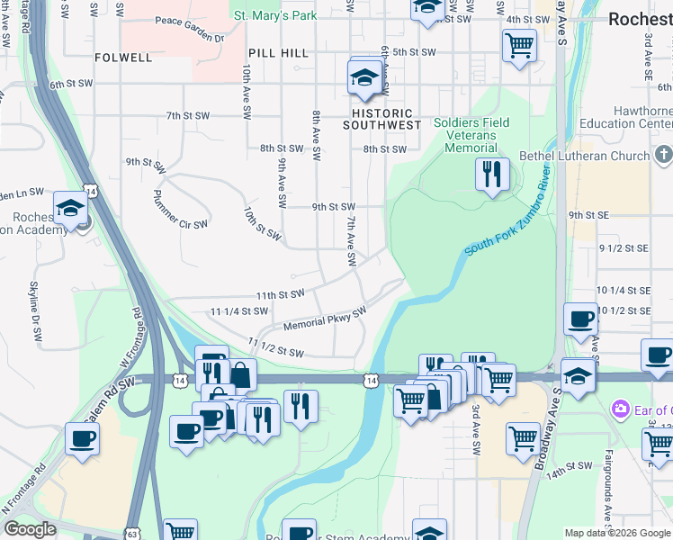 map of restaurants, bars, coffee shops, grocery stores, and more near 724 11th Street Southwest in Rochester