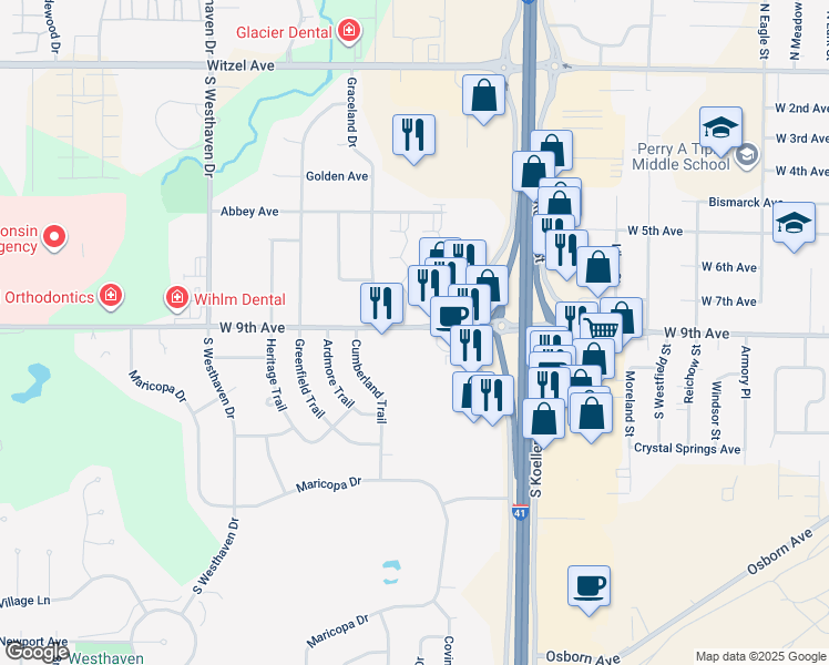 map of restaurants, bars, coffee shops, grocery stores, and more near 2101 West 9th Avenue in Oshkosh