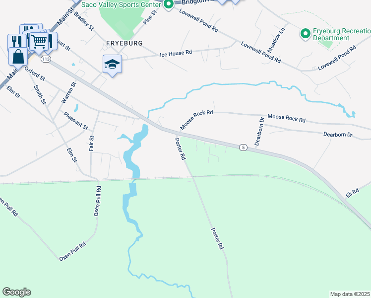 map of restaurants, bars, coffee shops, grocery stores, and more near 16 Porter Road in Fryeburg