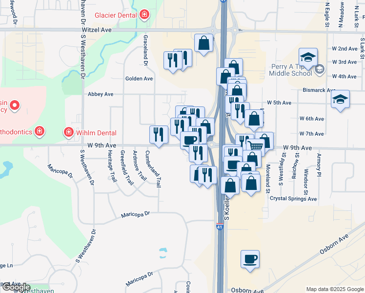 map of restaurants, bars, coffee shops, grocery stores, and more near 2101 West 9th Avenue in Oshkosh