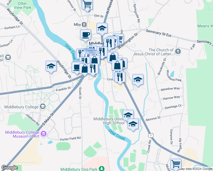 map of restaurants, bars, coffee shops, grocery stores, and more near Cross Street in Middlebury