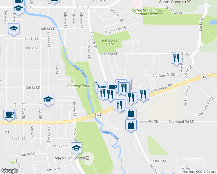map of restaurants, bars, coffee shops, grocery stores, and more near 1021 15th Avenue Southeast in Rochester