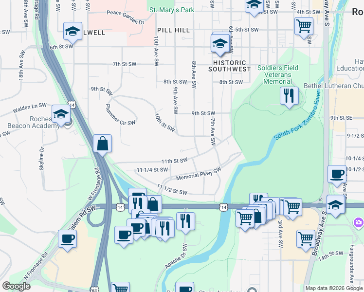 map of restaurants, bars, coffee shops, grocery stores, and more near 937 8th Avenue Southwest in Rochester
