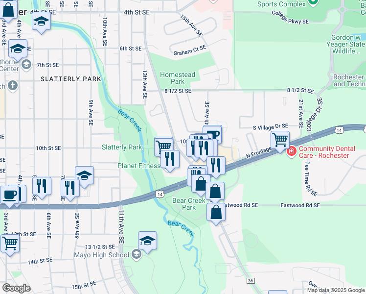 map of restaurants, bars, coffee shops, grocery stores, and more near 1503 10th Street Southeast in Rochester