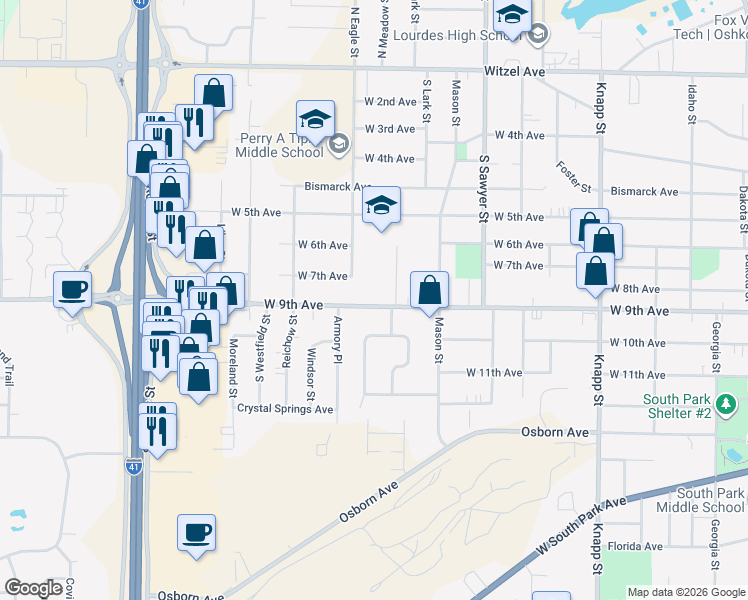 map of restaurants, bars, coffee shops, grocery stores, and more near 1430 West 9th Avenue in Oshkosh