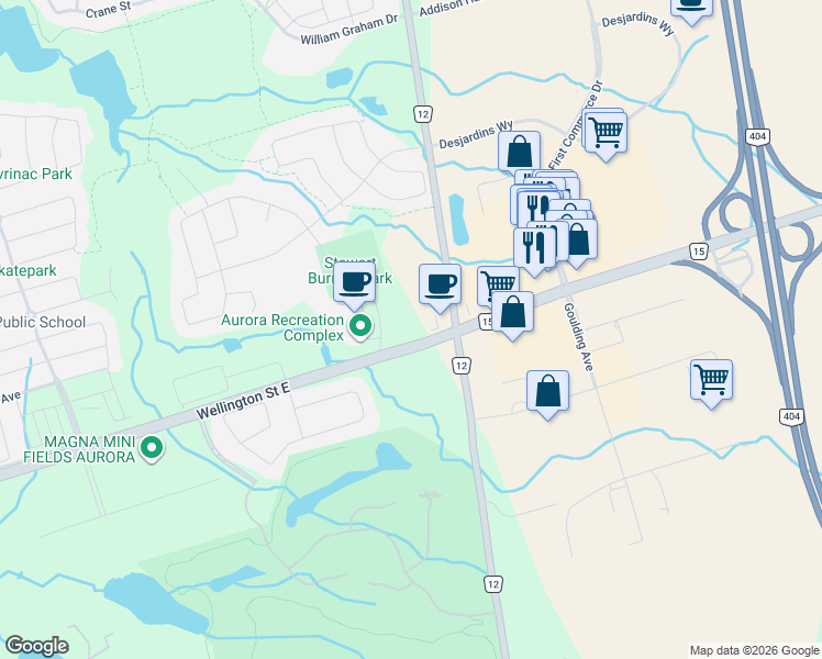 map of restaurants, bars, coffee shops, grocery stores, and more near 1452 Wellington Street East in Aurora