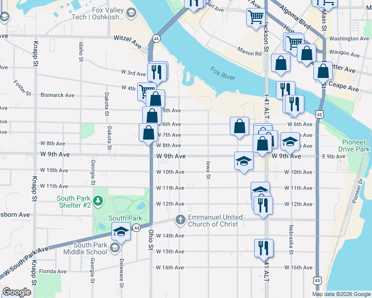 map of restaurants, bars, coffee shops, grocery stores, and more near 457 West 7th Avenue in Oshkosh