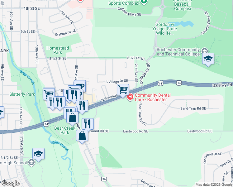 map of restaurants, bars, coffee shops, grocery stores, and more near 1902 South Village Drive Southeast in Rochester