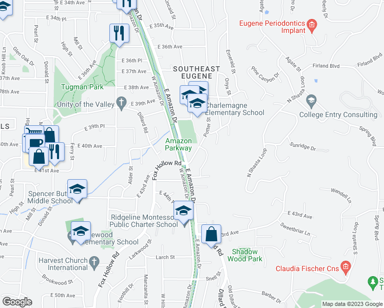 map of restaurants, bars, coffee shops, grocery stores, and more near 3970 Potter Street in Eugene