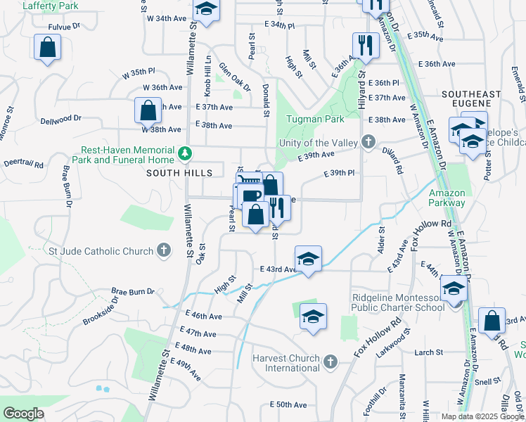 map of restaurants, bars, coffee shops, grocery stores, and more near 3990 Mill Street in Eugene