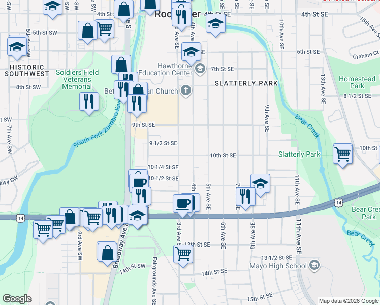 map of restaurants, bars, coffee shops, grocery stores, and more near 932 3rd Avenue Southeast in Rochester