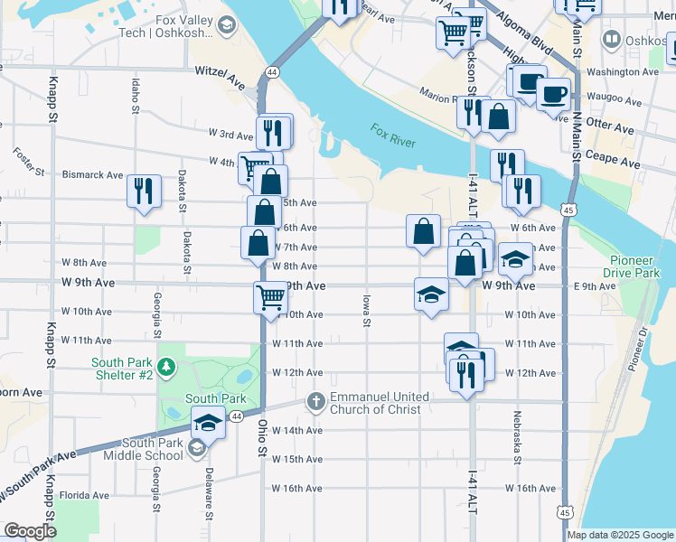 map of restaurants, bars, coffee shops, grocery stores, and more near 457 West 7th Avenue in Oshkosh