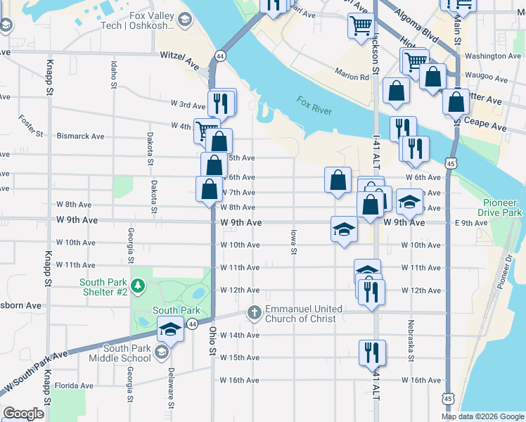 map of restaurants, bars, coffee shops, grocery stores, and more near 457 West 7th Avenue in Oshkosh
