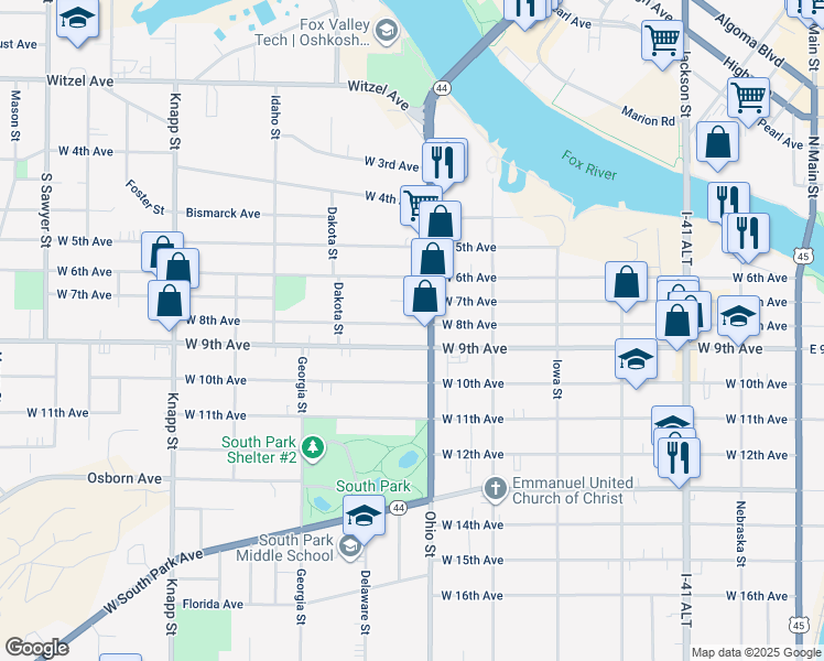 map of restaurants, bars, coffee shops, grocery stores, and more near 601 West 7th Avenue in Oshkosh