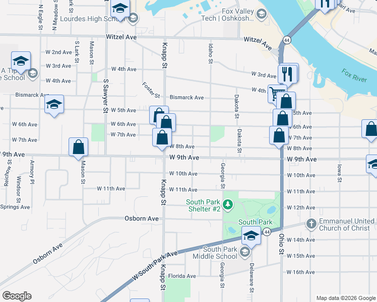 map of restaurants, bars, coffee shops, grocery stores, and more near 830 West 8th Avenue in Oshkosh