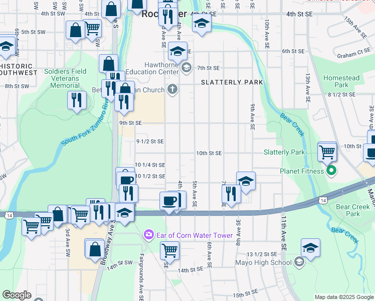 map of restaurants, bars, coffee shops, grocery stores, and more near 415 10th Street Southeast in Rochester