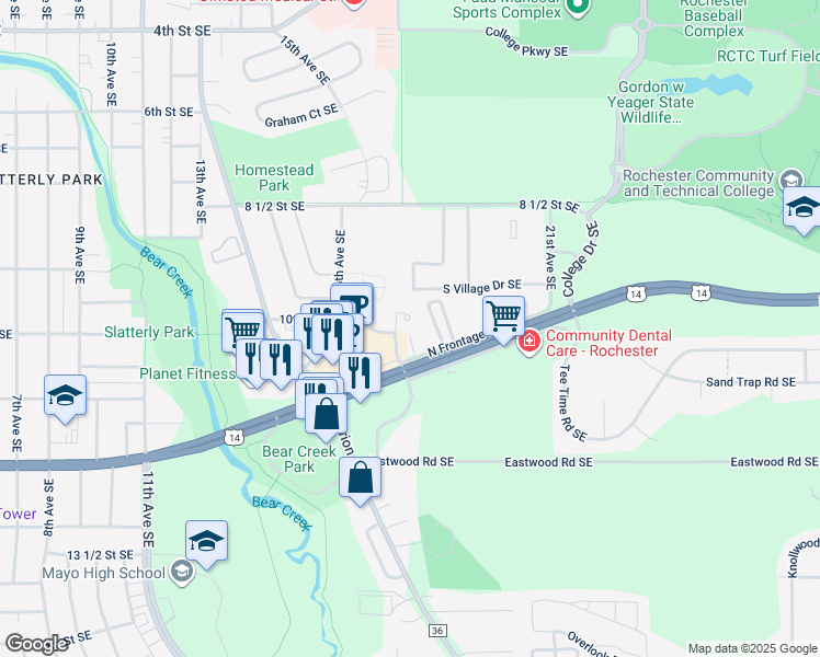 map of restaurants, bars, coffee shops, grocery stores, and more near 1701 10th Street Southeast in Rochester