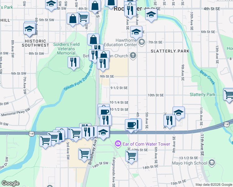 map of restaurants, bars, coffee shops, grocery stores, and more near 212 9 1/2 Street Southeast in Rochester