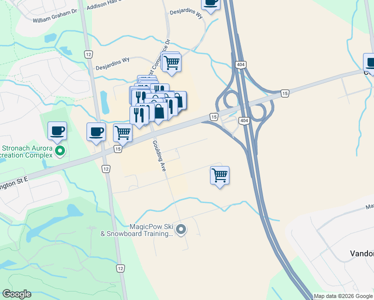 map of restaurants, bars, coffee shops, grocery stores, and more near 35 Sunday Drive in Aurora