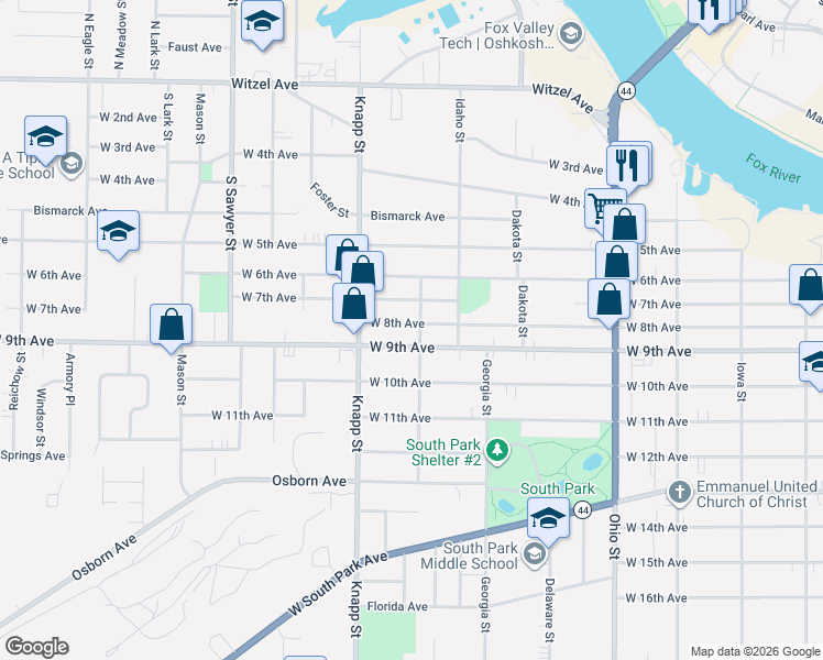 map of restaurants, bars, coffee shops, grocery stores, and more near 830 West 8th Avenue in Oshkosh