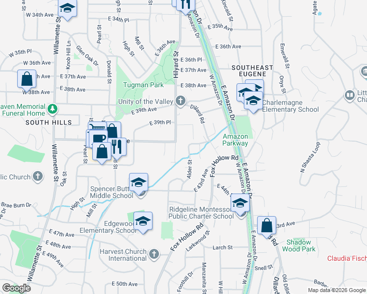 map of restaurants, bars, coffee shops, grocery stores, and more near 4054 Alder Street in Eugene