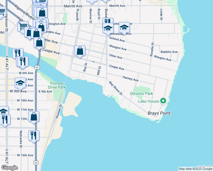 map of restaurants, bars, coffee shops, grocery stores, and more near 30 Bowen Street in Oshkosh