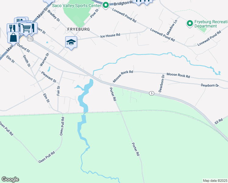 map of restaurants, bars, coffee shops, grocery stores, and more near 16 Porter Road in Fryeburg
