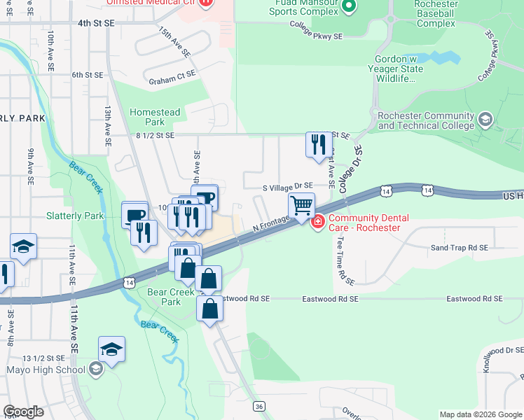map of restaurants, bars, coffee shops, grocery stores, and more near 1814 South Village Drive Southeast in Rochester